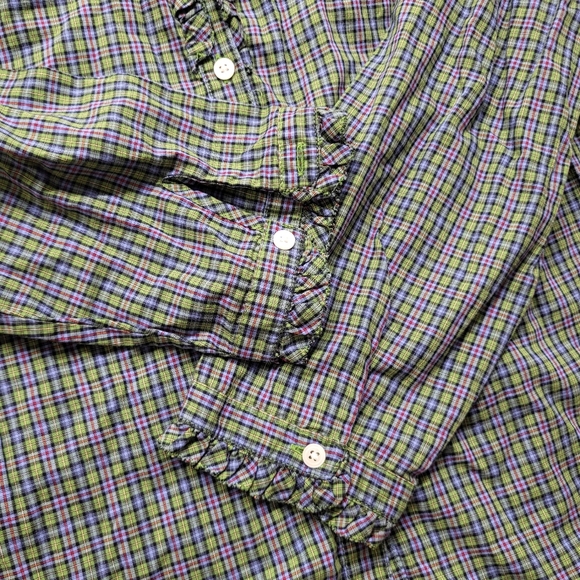 LL Bean Women Shirt XL Green Plaid Ruffle Button Up Band Collar Cottage Classic - Picture 3 of 11